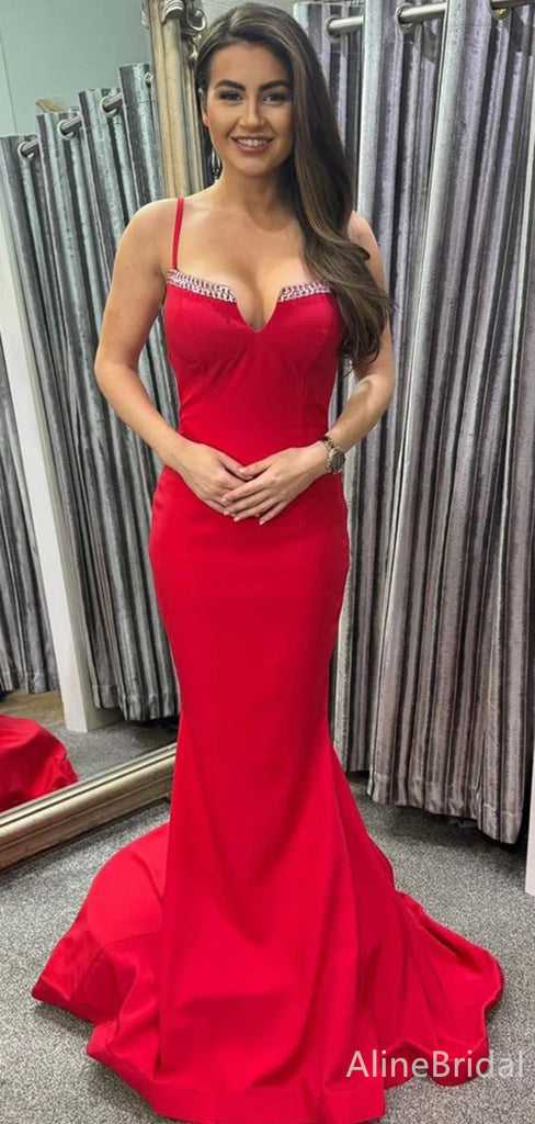 Sexy V-neck Red Backless Beading Mermaid Long Prom Dress, PD38044