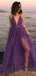 Sexy Deep V-neck Spaghetti Strap Purple A-line Long Prom Dress, PD38045