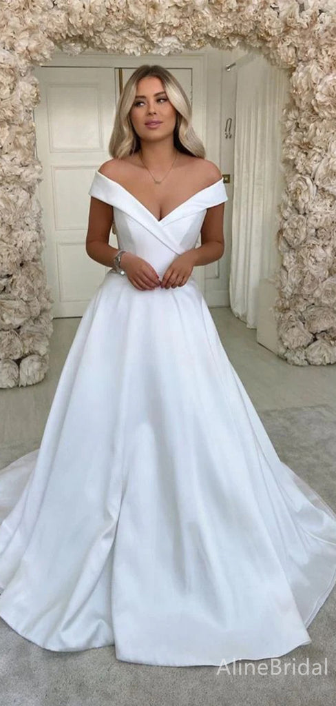 Romantic V-neck Off-Shoulder A-line Long Wedding Dresses, WD3085