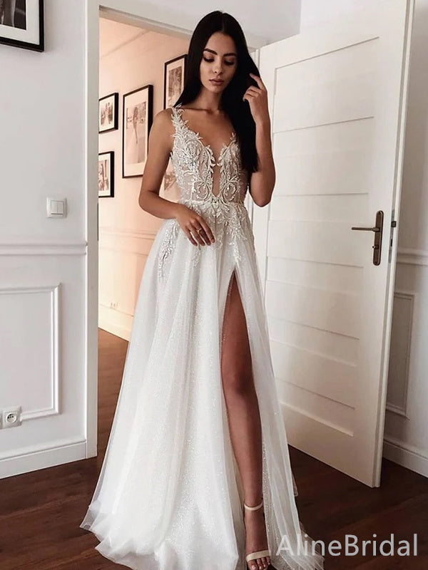 Elegant V-neck A-line Side Slit Long Wedding Dresses, WD3086