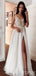 Elegant V-neck A-line Side Slit Long Wedding Dresses, WD3086