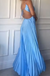 Unique Summer Halter Pleated Blue Spaghetti Strap Backless A-line Long Prom Dress,2025 Fashion Lady A-line Robes,PD381986