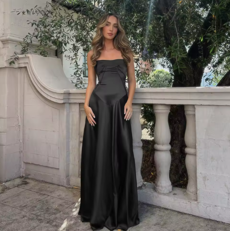 Gorgeous Satin Black Spaghetti Strap Hollow Out Lace Up Backless A-line Long Prom Dress,PD381985