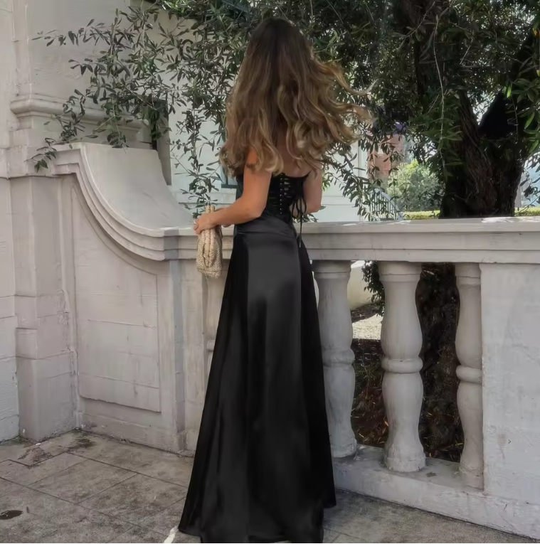 Gorgeous Satin Black Spaghetti Strap Hollow Out Lace Up Backless A-line Long Prom Dress,PD381985