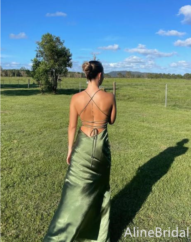 Sexy Green V-neck Spaghetti Strap Satin Backless Long Mermaid Prom Dress with Slit, Evening Dress, PD382171
