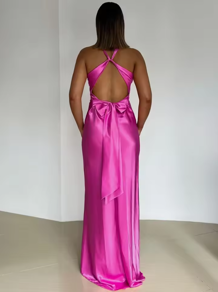 Sexy Pink V-neck Halter  Criss-Cross Backless Long Prom Dress with Bow, PD382053