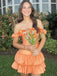 Elegant Off the Shoulder Sleeveless Ruffle Orange Short Homecoming Dress, Mini Skirt, HC382274