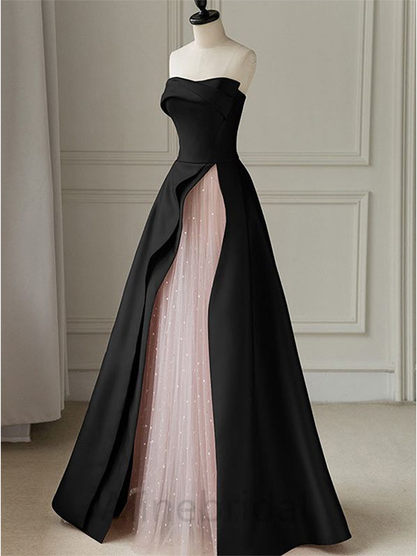 Elegant Black Strapless A-line Floor Length Prom Dress with Pink Tulle, PD3662