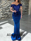 Sparkly Blue Sequins Off the Shoulder Sleeveless Mermaid Long Prom Dress, PD3542