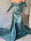 Stunning Green Beading Off the Shoulder Long Sleeves Mermaid Long Prom Dress with Drape, PD3568