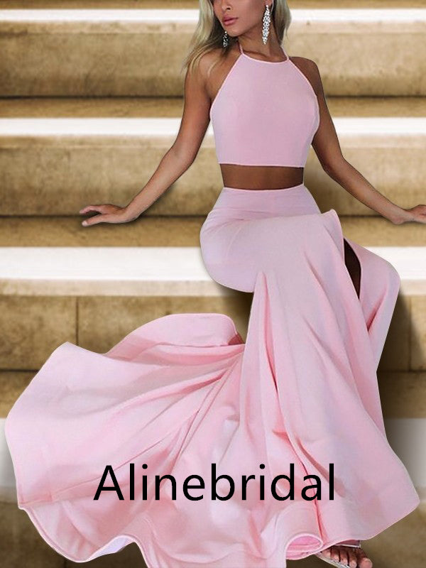 Elegant Pink Halter Sleeveless Two-pieces Mermaid Long Prom Dress, PD3527