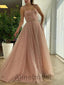 Elegant Pink Square Sleeveless A-line Tulle Prom Dress with Gold Sparkle, PD3593