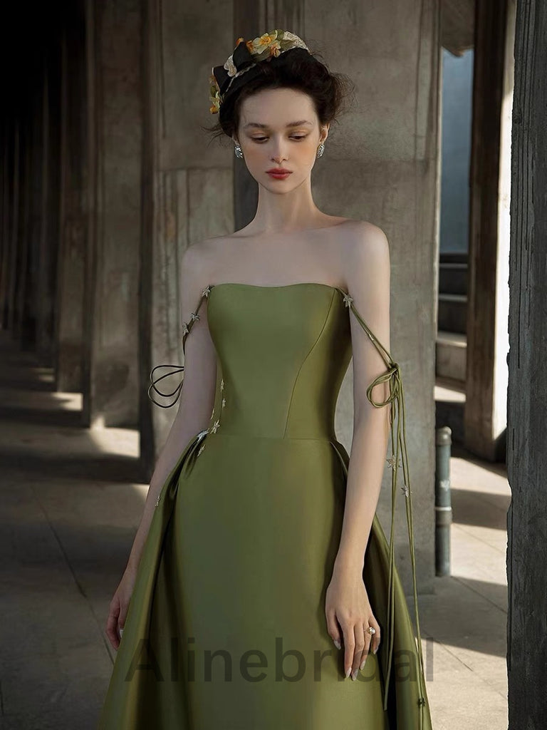 Elegant Olive Green Strapless Sleeveless A-line Long Prom Dress, PD3577