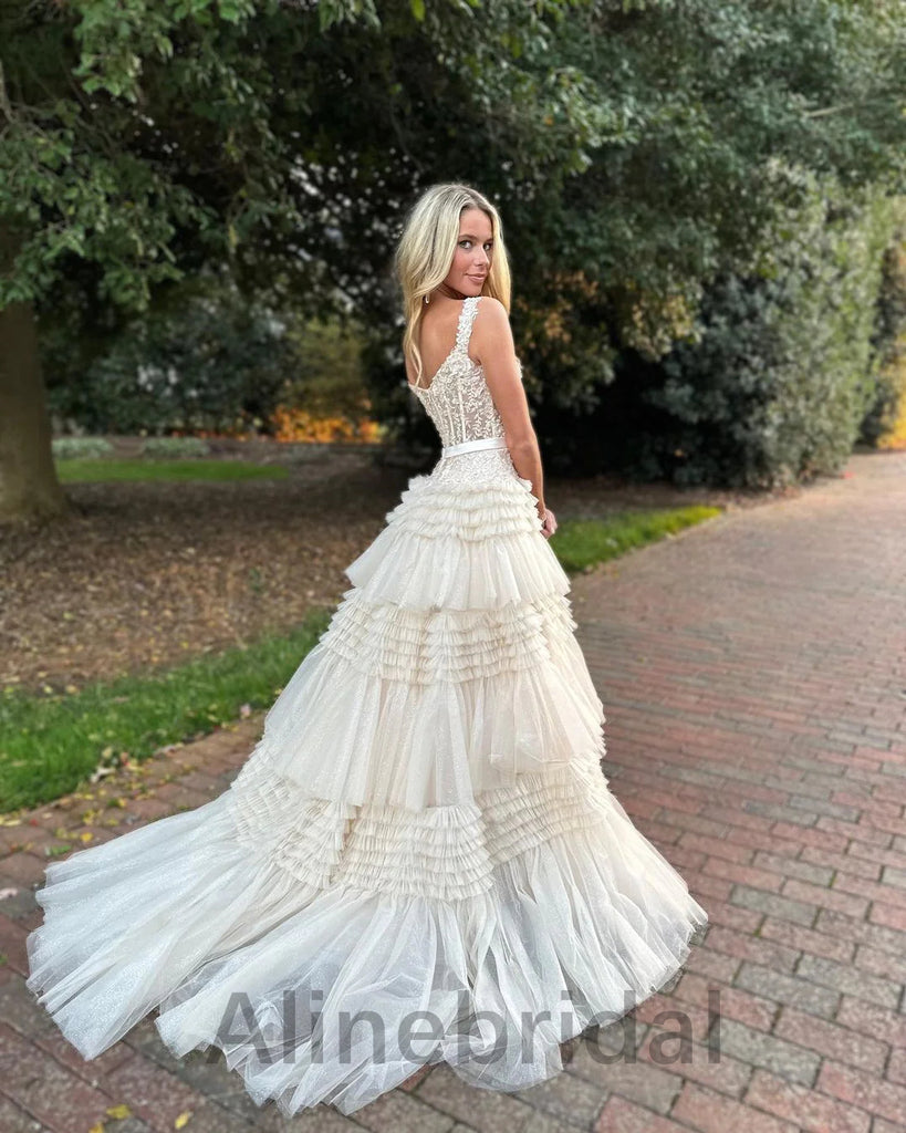 Elegant Ivory V-neck Sleeveless A-line Long Prom Dress, PD3575