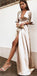 A-Line Deep V-Neck Cheap Modest Satin Evening Prom Dress with Split, PD0909 - SposaBridal