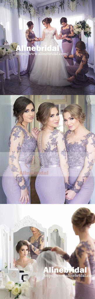Elegant Lilac Lace Long Sleeves Mermaid Bridesmaid Dresses, AB1193