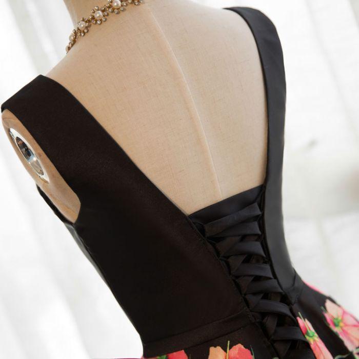Black Satin Floral Prints Sleeveless Lace Up Back Prom Dresses,PD00295