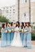 Blue Chiffon V-neck Simple Beach Wedding Bridesmaid Dresses With Splits, AB1226