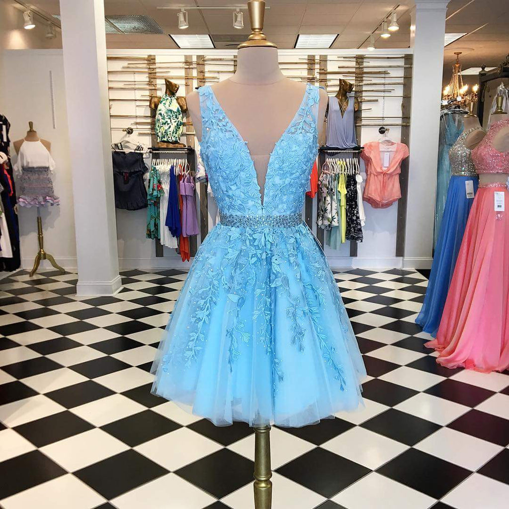 Blue Lace Beaded Sleeveless Fashion Homecoming Dresses,HD0014