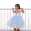 Blue Satin Off White Applique See Through Back Bow Knot Flower Girl Dresses, FGS104