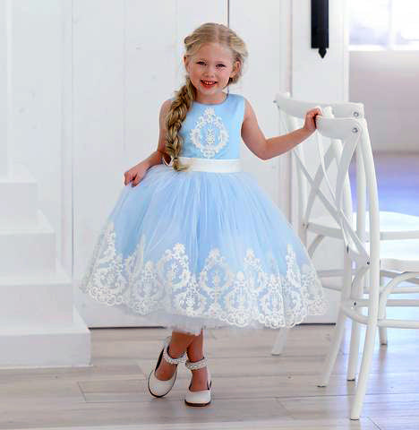 Blue Satin Off White Applique See Through Back Bow Knot Flower Girl Dresses, FGS104