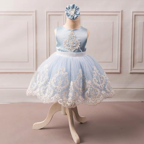 Blue Satin Off White Applique See Through Back Bow Knot Flower Girl Dresses, FGS104
