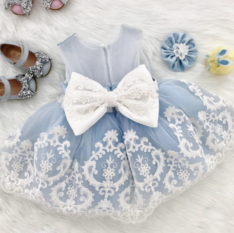 Blue Satin Off White Applique See Through Back Bow Knot Flower Girl Dresses, FGS104