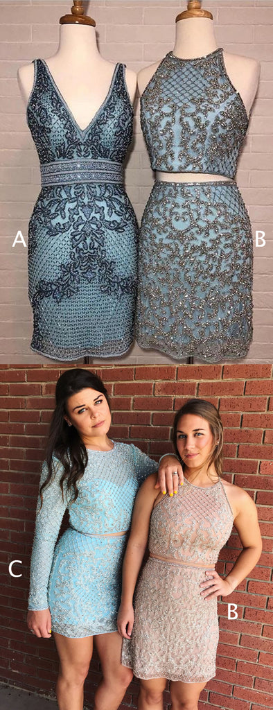 Blue Satin Silver Beading Sheath Mismatched Homecoming Dresses ,HD0033