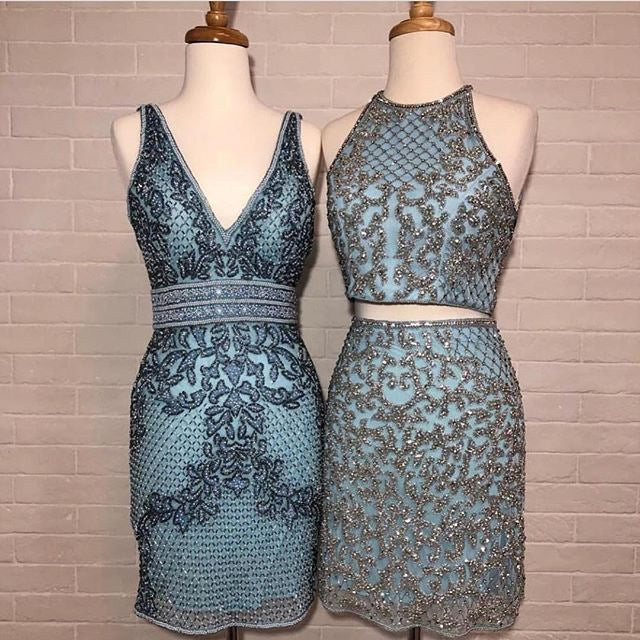 Blue Satin Silver Beading Sheath Mismatched Homecoming Dresses ,HD0033