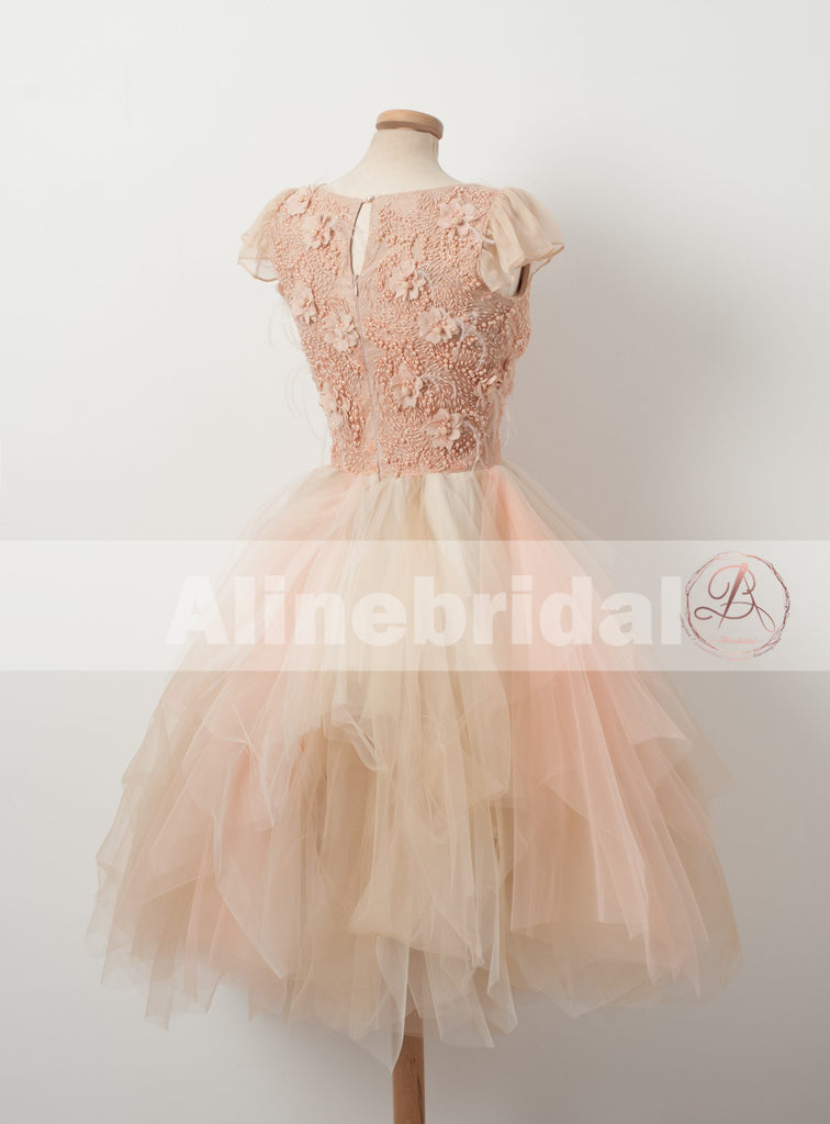 Blush Pink Beaded Handmade Flowers Cap Sleeve Unique Ruffles Homecoming Dresses,BD00227
