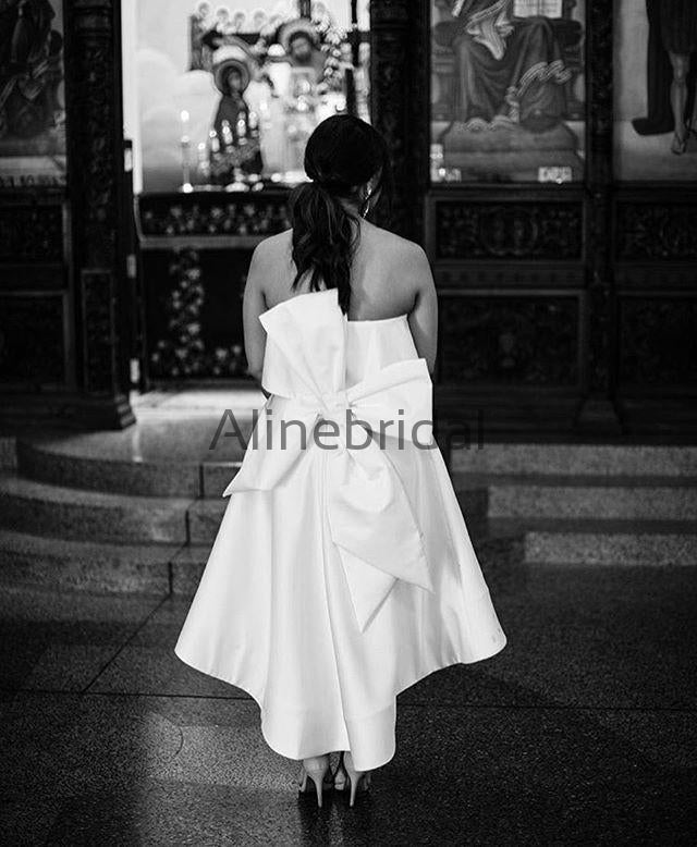 Blush Pink Satin Strapless Bow Knot High Low Bridesmaid Dresses, AB4008