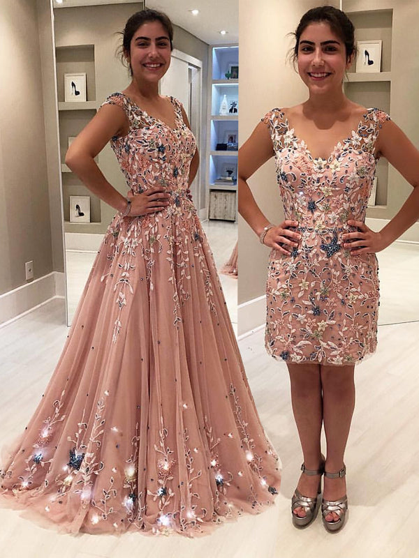Blush Pink Tulle Beading Applique Two Piece Prom Dresses.PD00215