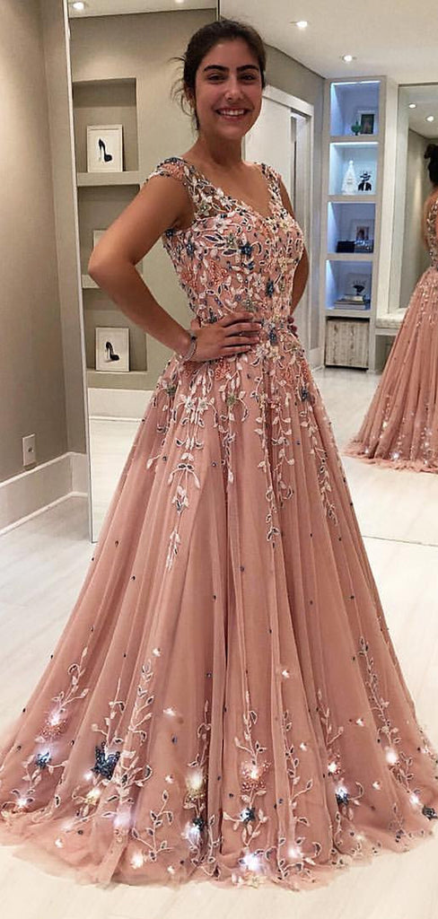 Blush Pink Tulle Beading Applique Two Piece Prom Dresses.PD00215