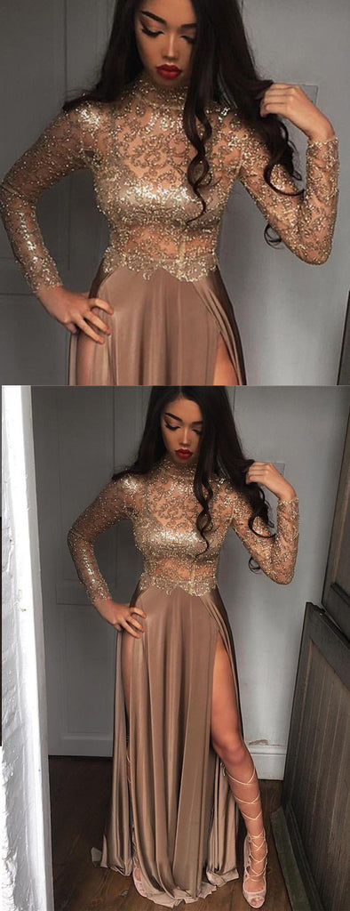 Brown Jersey Shiny Lace Long Sleeve High Neck Prom Dresses ,PD00301