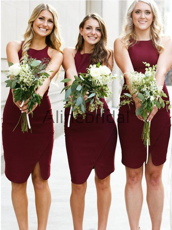 Burgundy Jersey Sheath Sleeveless Short Bridesmaid Dresses, AB4040