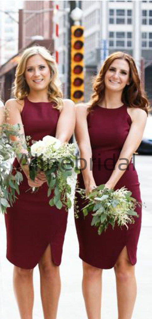 Burgundy Jersey Sheath Sleeveless Short Bridesmaid Dresses, AB4040