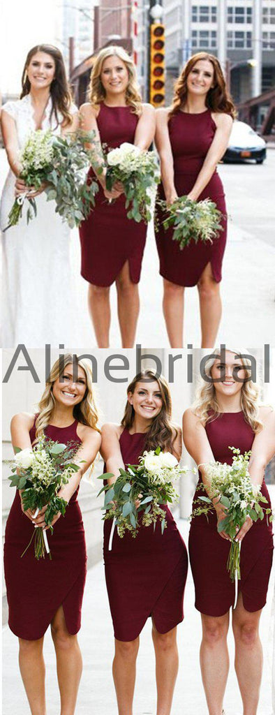 Burgundy Jersey Sheath Sleeveless Short Bridesmaid Dresses, AB4040