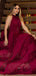Burgundy Lace Unique Halter A-line Long Prom Dresses.PD00275
