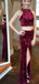 Burgundy Velvet Two Piece Open Back Sheath Prom Dresses,PD00335