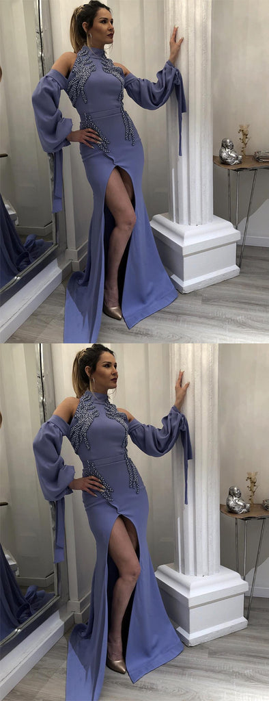 Dark Lavender High Neck Long Sleeves Unique Prom Dresses,PD00190