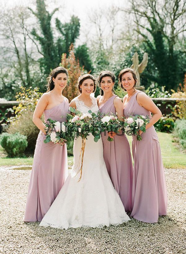 Dusty Pink Chiffon One Shoulder Long Bridesmaid Dresses, AB4030