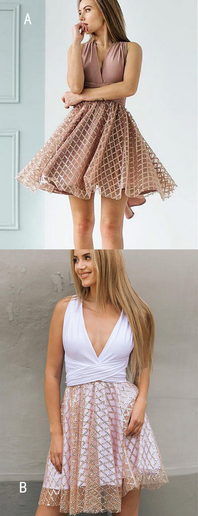 Dusty Pink Jersey Convertible Top Sequined Plaid Skirt Homecoming Dresses,HD0053