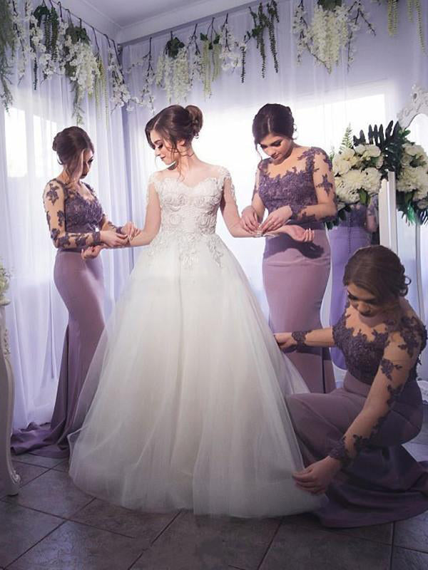 Elegant Lilac Lace Long Sleeves Mermaid Bridesmaid Dresses, AB1193