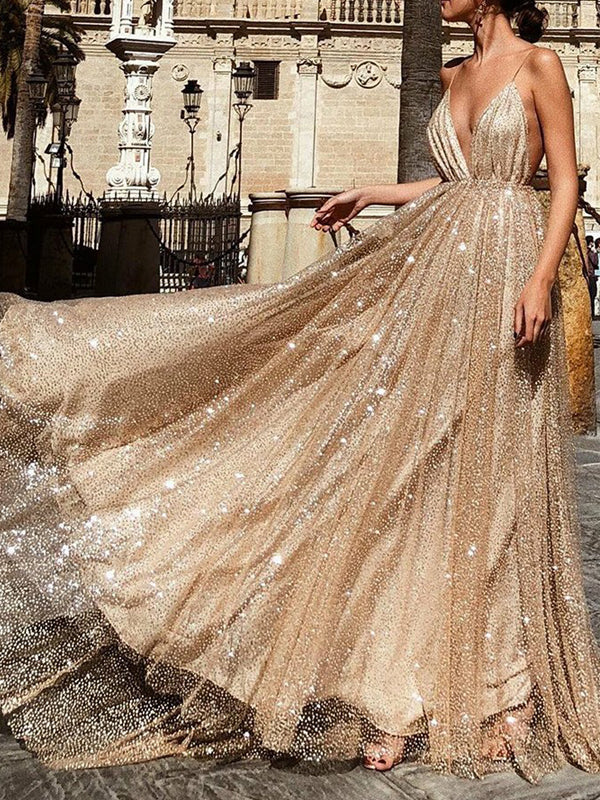 Gold Sequin Spaghetti Strap Backless Shiny Prom Dresses, PD00178