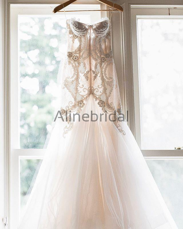 Gorgeous Beading Lace Sweetheart Strapless Mermaid Wedding Dresses, AB1520
