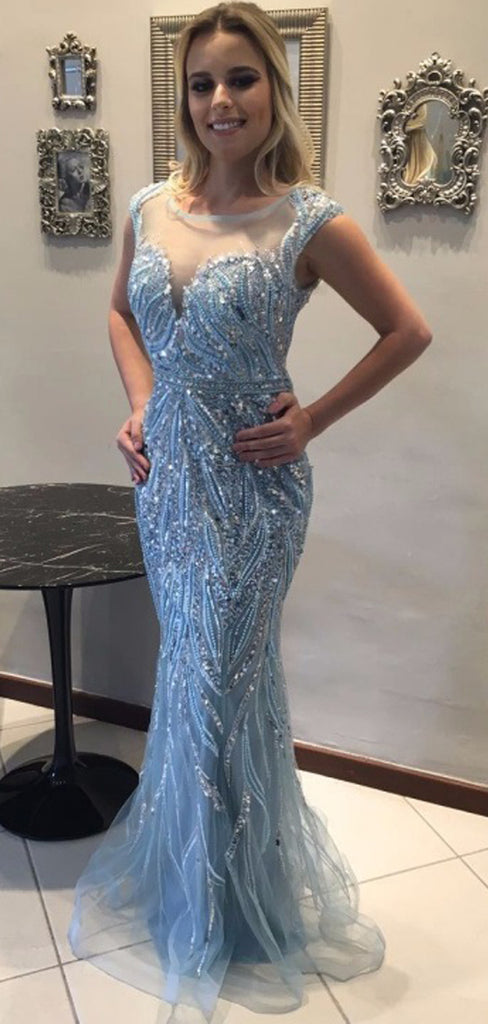 Gorgeous Silver Beading Rhinestone Tulle Mermaid Prom Dresses,PD00210