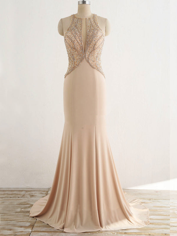 Gorgeous Sparkly Beading Sequins Open Back Mermaid Cut Neck Long Prom Gown Dresses,PD00036