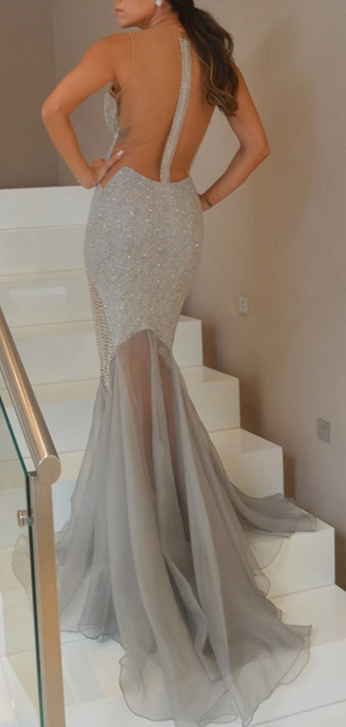 Grey Silver Chiffon Illusion Back Mermaid Prom Dresses,PD00311