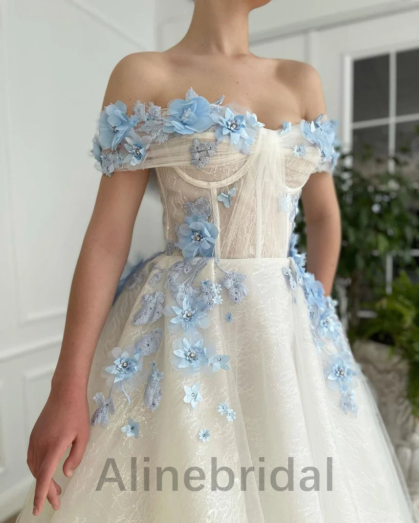 Elegant Off the Shoulder Corset A-line Long Prom Dress with Blue Floral Appliqué , PD3612