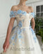 Elegant Off the Shoulder Corset A-line Long Prom Dress with Blue Floral Appliqué , PD3612